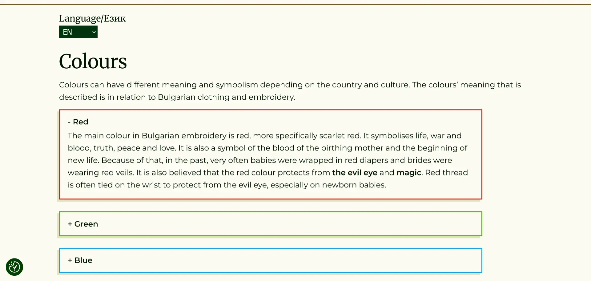 Screenshot of the colours page, with dropdown sections describing the meaning and symbolism of each colour for threads.
