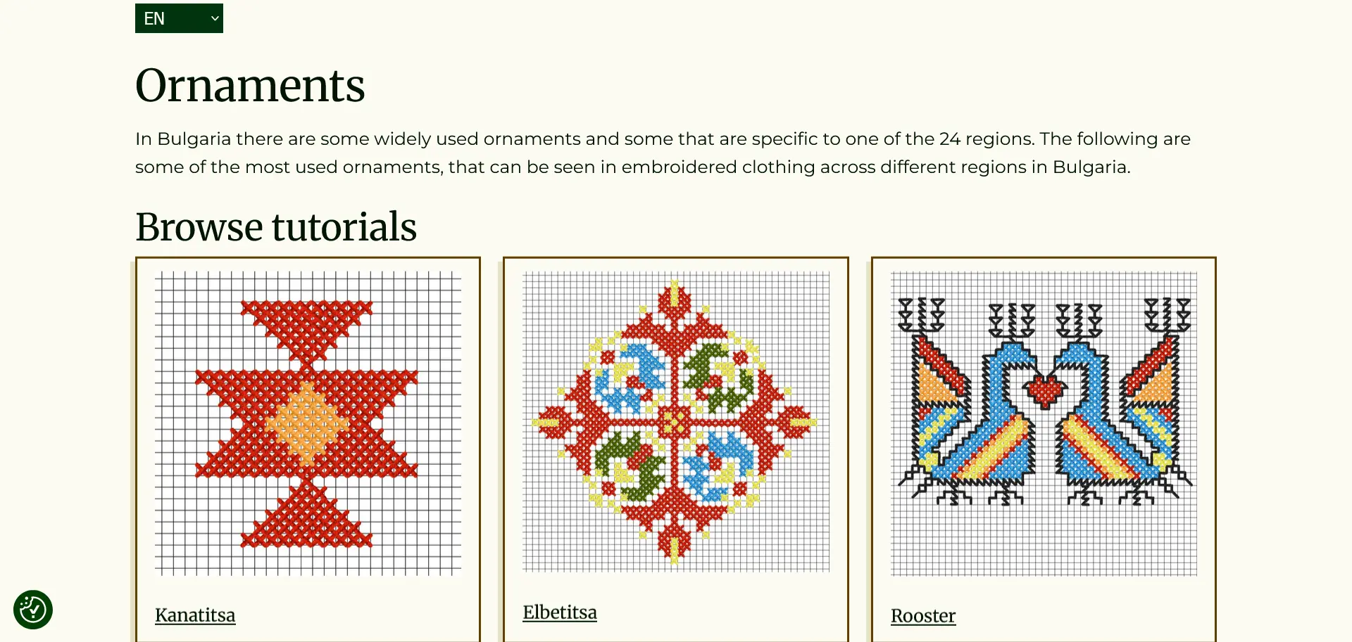 Screenshot of the ornaments page for Bulgarian thread showing a preview grid list of the available ornament tutorials.