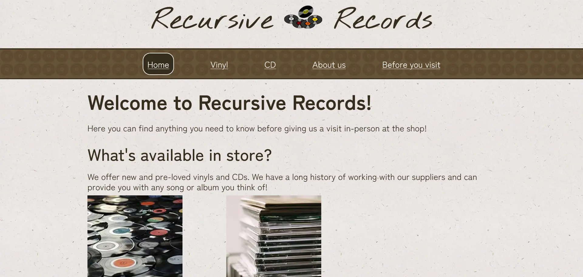 Screenshot of the homepage for Recursive records, showing short introductory text and image links to the Vinyl and CD pages on the website.